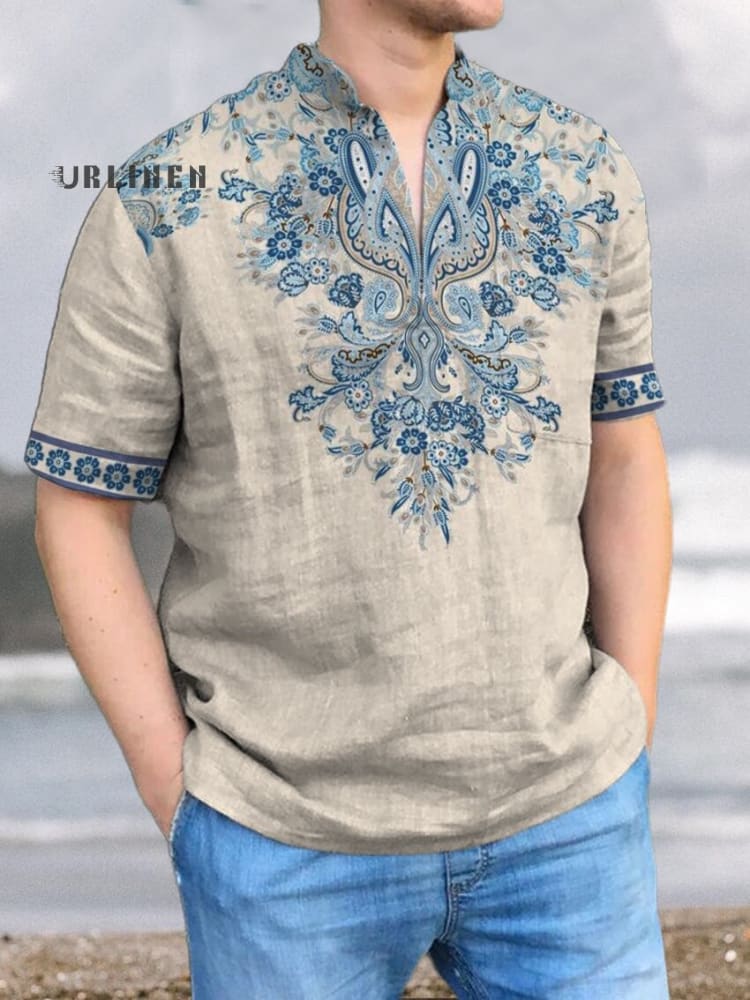 Blaues Bohemian National Style Vintage Print Casual Hemd aus 100% Baumwolle