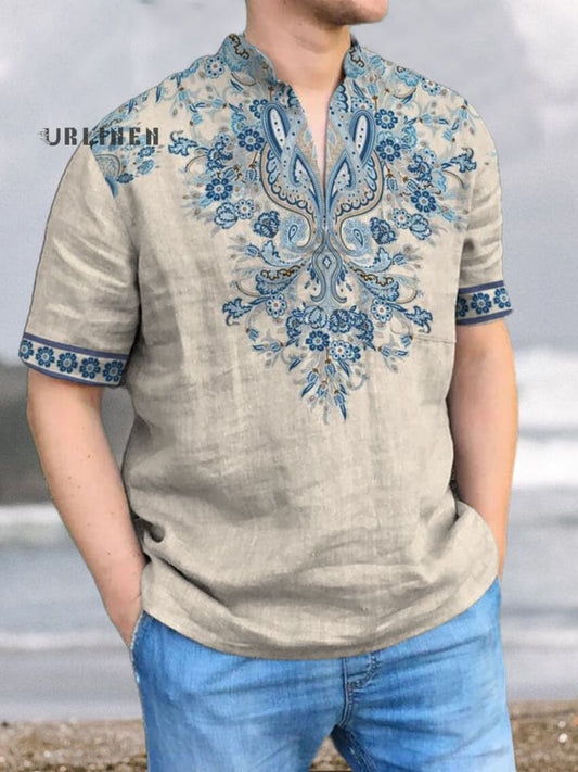 Blaues Bohemian National Style Vintage Print Casual Hemd aus 100% Baumwolle