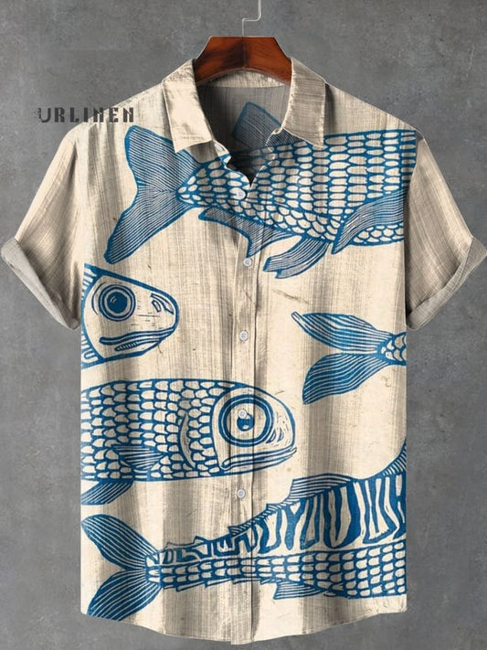 Blaues Minimalistisches Fisch Vintage Print Freizeithemd